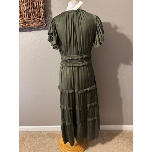 Pinch Tiered Maxi Dress L Large Olive Green Silky Short Flutter Sleeve NEW - Picture 10 of 16